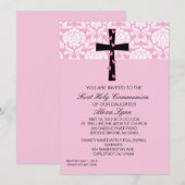 Invitation rose de communion de filles de damassé (Devant / Derrière)