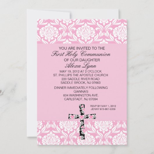 Invitation rose de communion de filles de damassé (Devant)