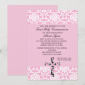 Invitation rose de communion de filles de damassé (Devant / Derrière)