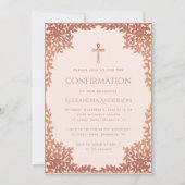 Invitation Rose de confirmation de fille rose Feuilles d'or r (Devant)