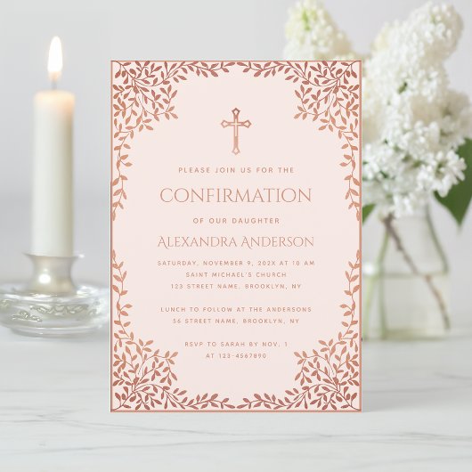 Invitation Rose de confirmation de fille rose Feuilles d'or r