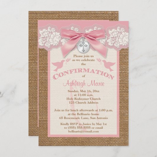 Invitation rose de confirmation IMPRIMÉE d'ARC et (Devant / Derrière)