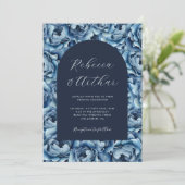 Invitation Rose de couleur bleu marine Floral Photo Mariage (Debout devant)