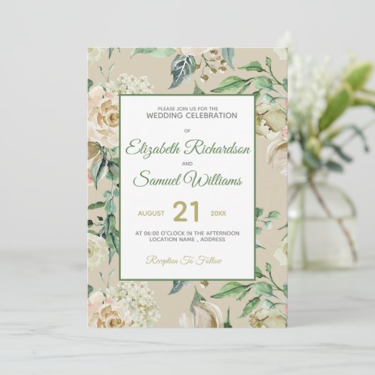 Invitation Rose de crème Bud Hydrangea Aquarelle Classique (Debout devant)