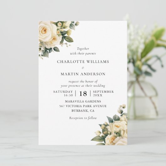 Invitation Rose de crème d'ivoire Mariage Floral (Debout devant)