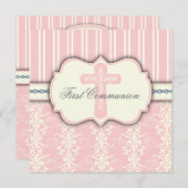Invitation rose de damassé de première communion (Devant / Derrière)