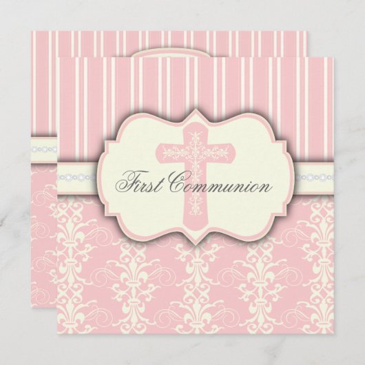 Invitation rose de damassé de première communion (Devant / Derrière)