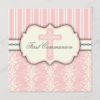 Invitation rose de damassé de première communion