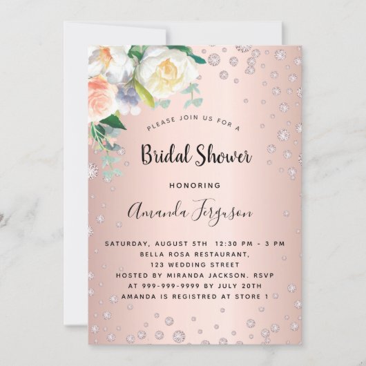 Invitation Rose de douche nuptiale or floraux diamants (Devant)