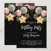 Invitation Rose De Fête Anniversaire Et Balloons D'Or Confett (Devant / Derrière)