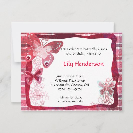 Invitation rose de fête d'anniversaire de papillon (Devant)