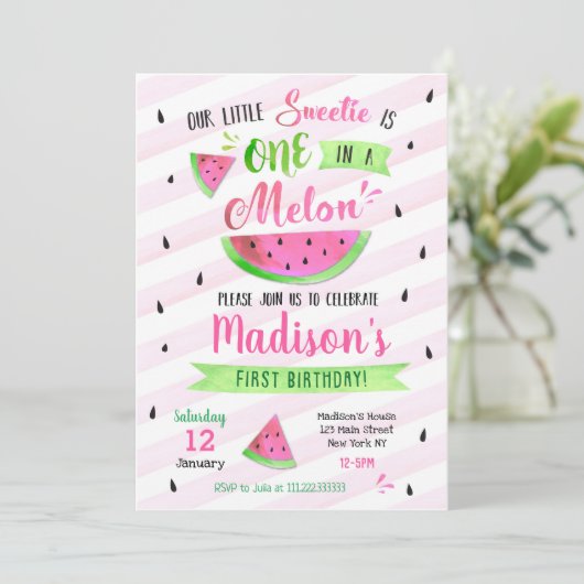 Invitation rose de fête d'anniversaire de pastèque (Debout devant)
