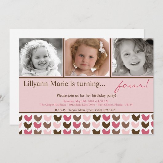 invitation rose de fête d'anniversaire de photo (Devant / Derrière)