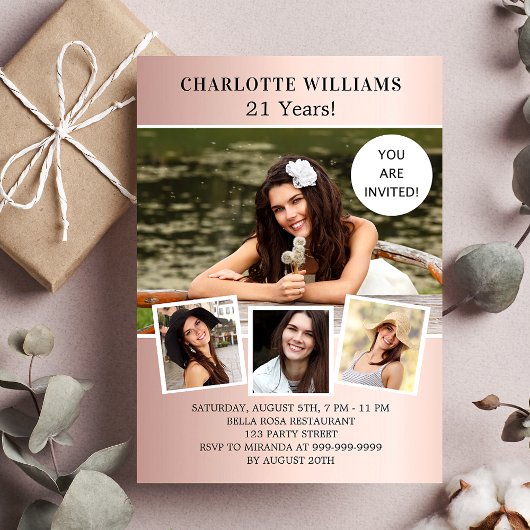 Invitation Rose de fête d'anniversaire or photo collage luxe