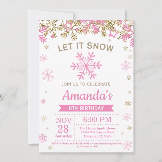 Invitation Rose de flocon de neige d'hiver et anniversaire de (Devant)