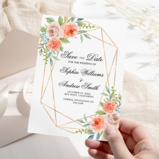 Invitation Rose de jardin et cadre d'or Enregistrer la date I