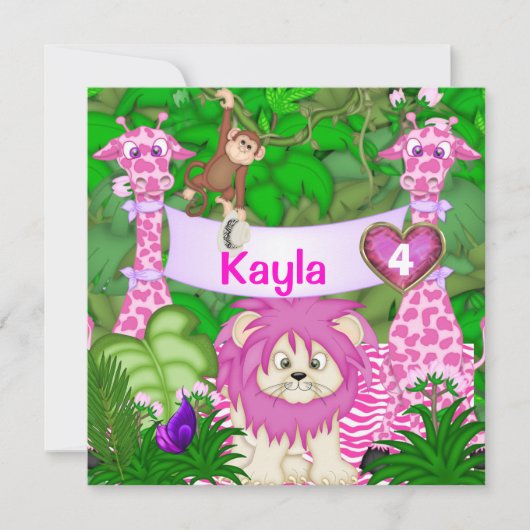 Invitation ROSE de jungle d'ANNIVERSAIRE de filles (Devant)