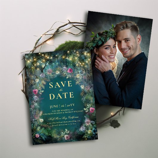 Invitation Rose de la forêt enchantée photo mariage Enregistr