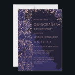 Invitation Rose de la Marine Gold Splatz Brushstroke Quinceañ<br><div class="desc">Cette invitation artistique et moderne à la fête d'anniversaire de quinceañera est parfaite pour la jeune fille contemporaine. Il présente une plaque de peinture métallique en or rose imbriquée sur un arrière - plan bleu marine foncé et clair avec typographie rose en or complémentaire. C'est élégant, luxueux, élégant et unique...</div>