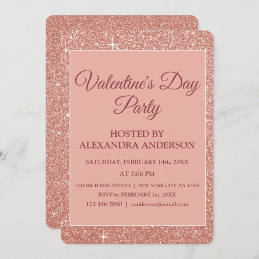 Invitation Rose de la Saint Valentin Gold Sparkle & Parties s (Devant / Derrière)