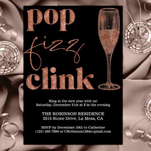 Invitation Rose de la Soirée du Nouvel An Gold Sparkle Cheers