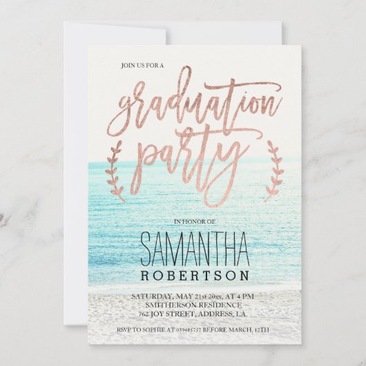 Invitation Rose de la typographie or plage de graduation (Devant)