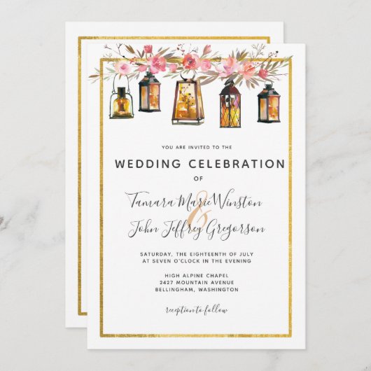 Invitation Rose de Lanternes Chic Rustique Mariage Floral Or (Devant / Derrière)