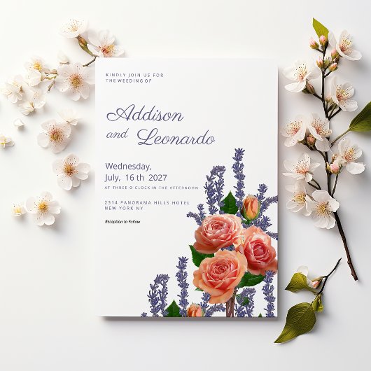 Invitation Rose de lavande botanique fleurs mariage