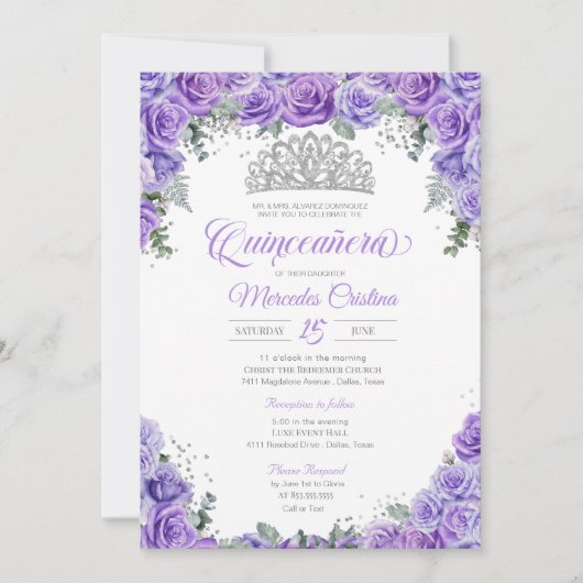 Invitation Rose de lavande violet et argent Tiara Quinceanera (Devant)