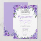 Invitation Rose de lavande violet et argent Tiara Quinceanera (Devant / Derrière)