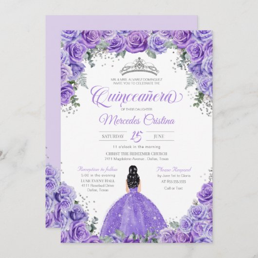 Invitation Rose de lavande violette Silver Tiara Quinceanera (Devant / Derrière)