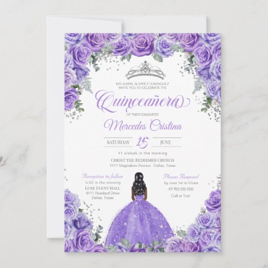 Invitation Rose de lavande violette Silver Tiara Quinceanera (Devant)