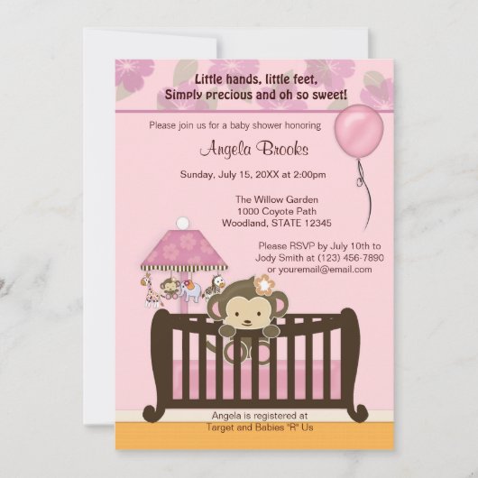 Invitation ROSE de l'invitation CJ de baby shower de singe (Devant)