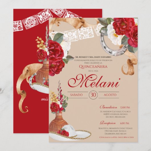 Invitation Rose de l'Ouest rouge Charro Ranchero Quinceanera (Devant / Derrière)