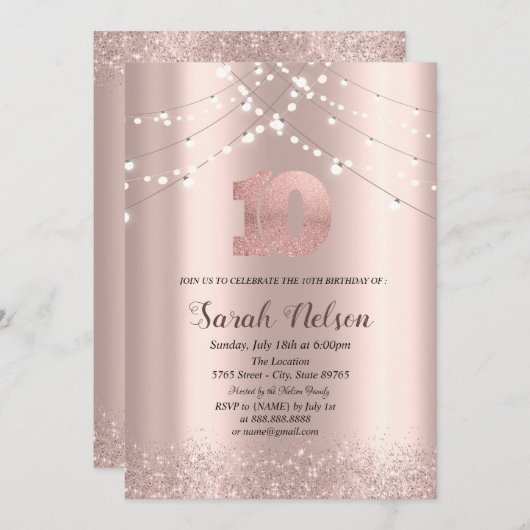 Invitation Rose de luxe Parties scintillant or String Lights  (Devant / Derrière)