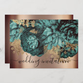 Invitation Rose de Mariage de naissance Turquoise Roses verts (Devant / Derrière)