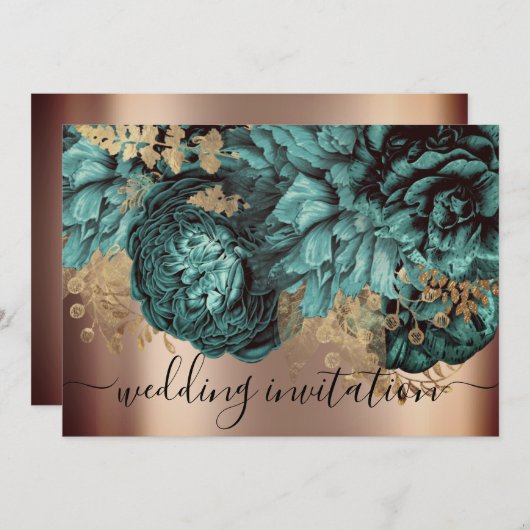 Invitation Rose de Mariage de naissance Turquoise Roses verts (Devant / Derrière)