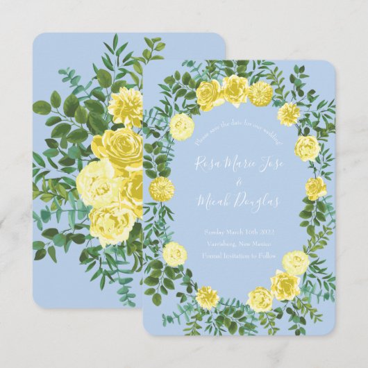 Invitation Rose de mariage jaune clair et bleu pâle, date de (Devant / Derrière)