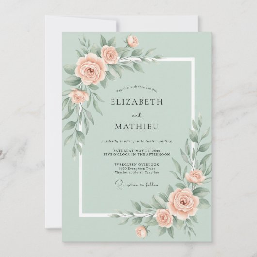 Invitation Rose de mariage romantique vert menthe (Devant)