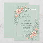 Invitation Rose de mariage romantique vert menthe (Devant / Derrière)