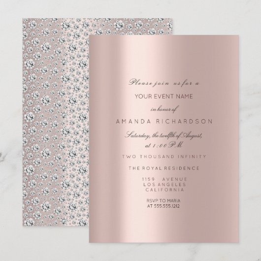 Invitation Rose de mariage Rose pastel en diamant de 16 ans (Devant / Derrière)