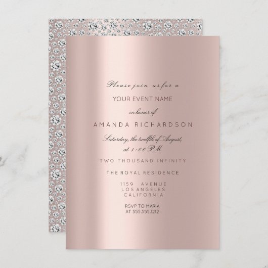 Invitation Rose de mariée 16ème douce Rose pastel rose diaman (Devant / Derrière)