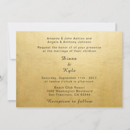Invitation rose de modèle de mariage d'or de (Dos)
