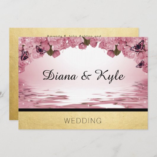 Invitation rose de modèle de mariage d'or de (Devant / Derrière)