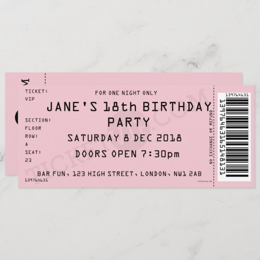 Invitation rose de partie de billet de concert (Devant / Derrière)