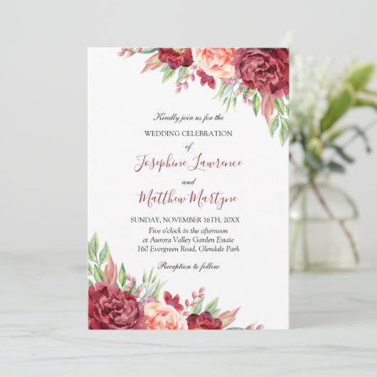 Invitation Rose de Pêche de Bourgogne Aquarelle Mariage Flora (Debout devant)