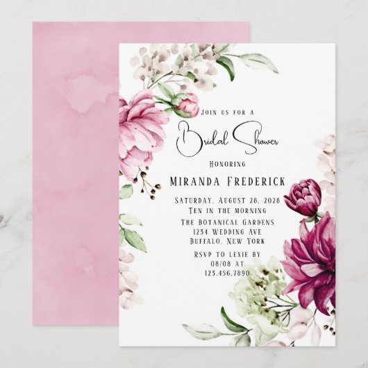 Invitation Rose de poussière et Fête des mariées Peony rose p (Devant / Derrière)