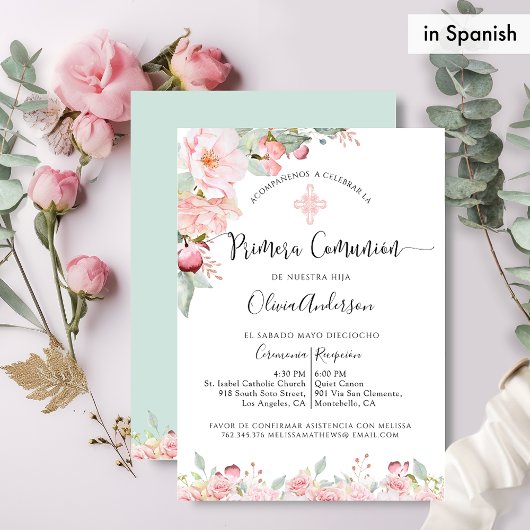 Invitation Rose de première communion d'Espagne Or, Mint Flor