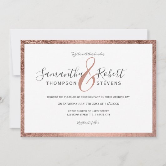 Invitation Rose de script bordure en or blanc photo mariage (Devant)