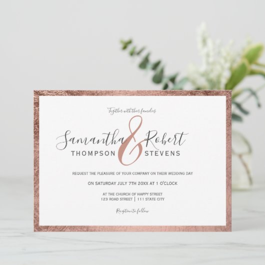 Invitation Rose de script bordure en or blanc photo mariage (Debout devant)